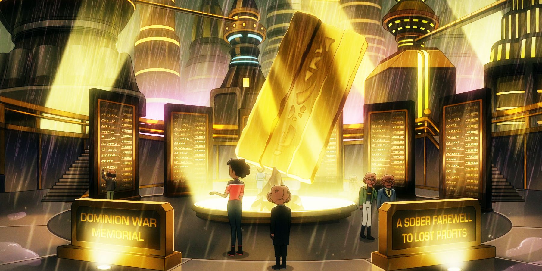 Mariner looks at a gold monument to dead Ferengi and their lost profits