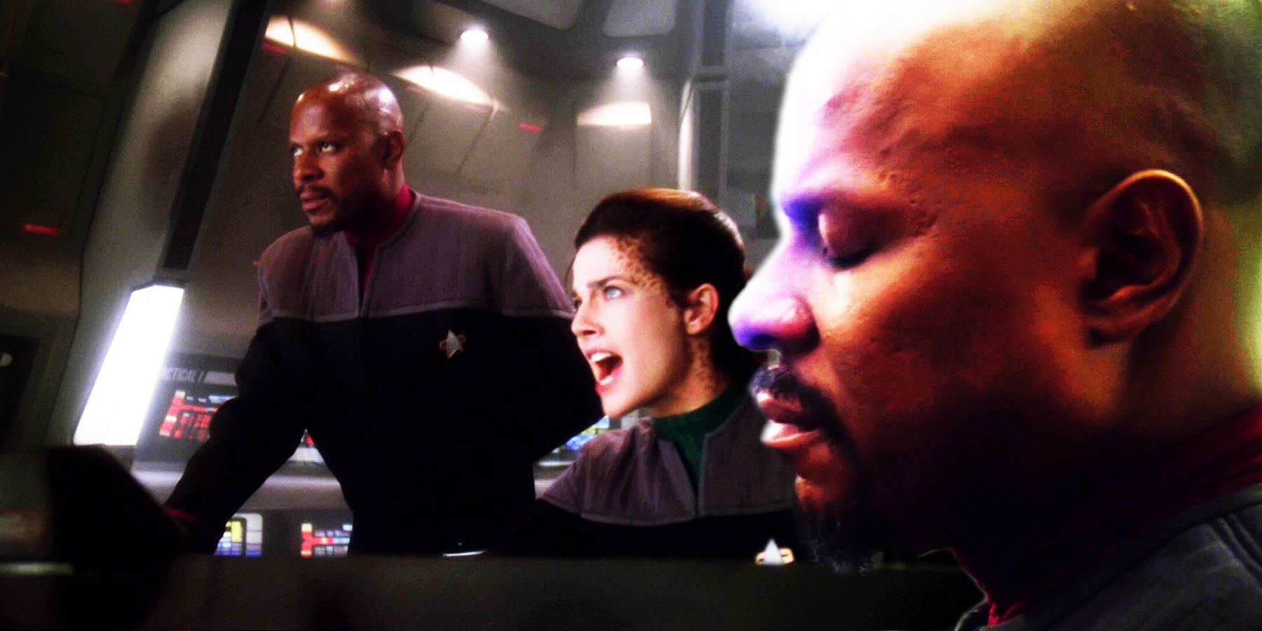 Sisko and Dax in battle aboard the Defiant next to an image of a solemn Captain Sisko