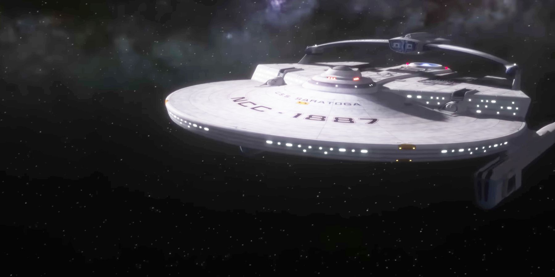 A starship, the USS Saratoga flies through space