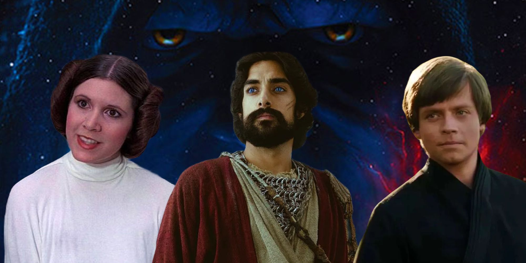 Palpatine’s eyes from The Rise of Skywalker’s poster overlooking Luke Skywalker, Leia Organa, and Ezra Bridger