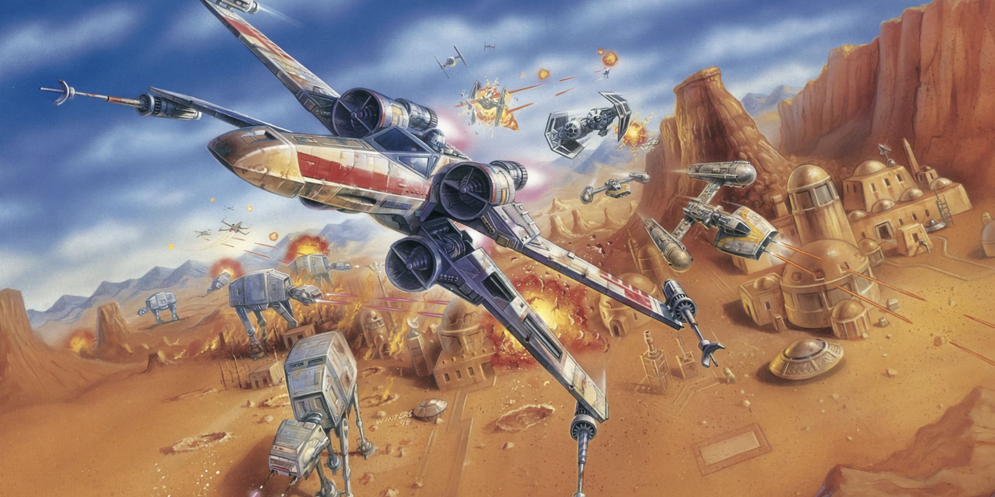 A Star Wars X-Wing and a couple other rebel starships are being chased in a dogfight by Imperial ships. Other skirmishes are in the background, including one where a TIE Fighter is being blown up. The aerial fight is located over a city in a desert, where Imperial AT-ATs are attacking.