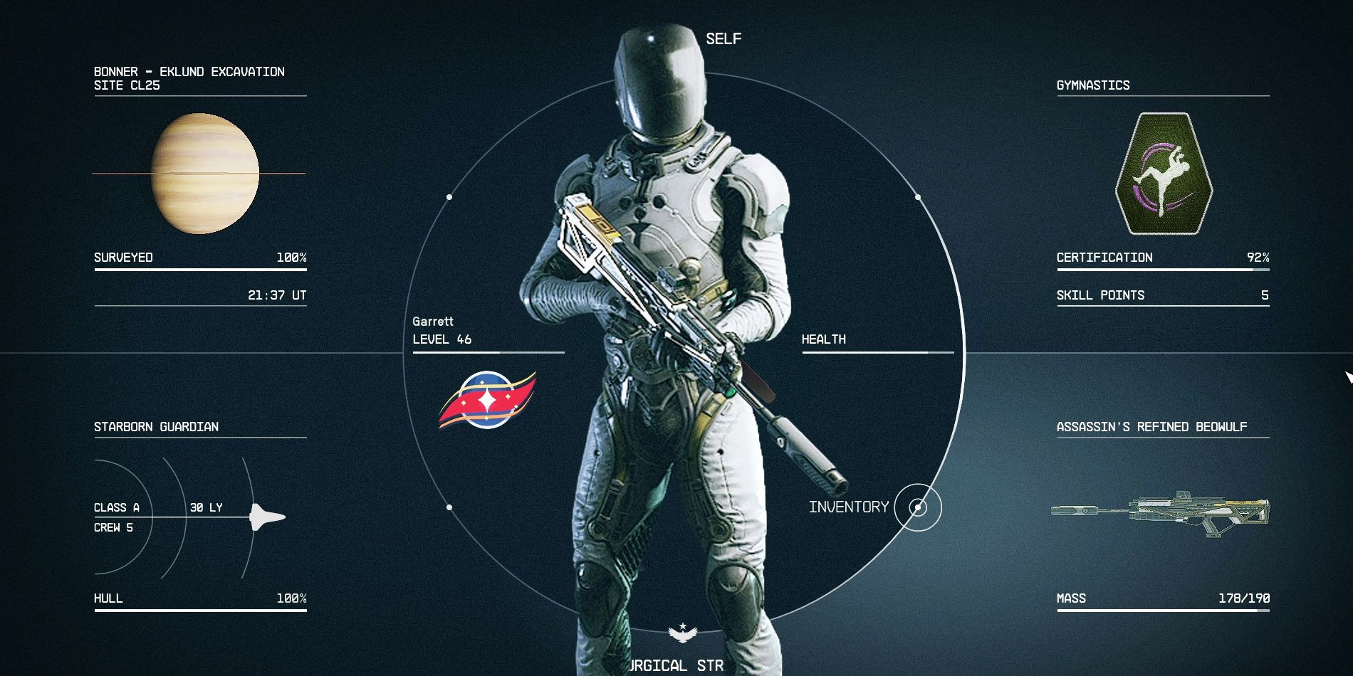 Main menu screen in Starfield, with an enlarged Starborn in the center.