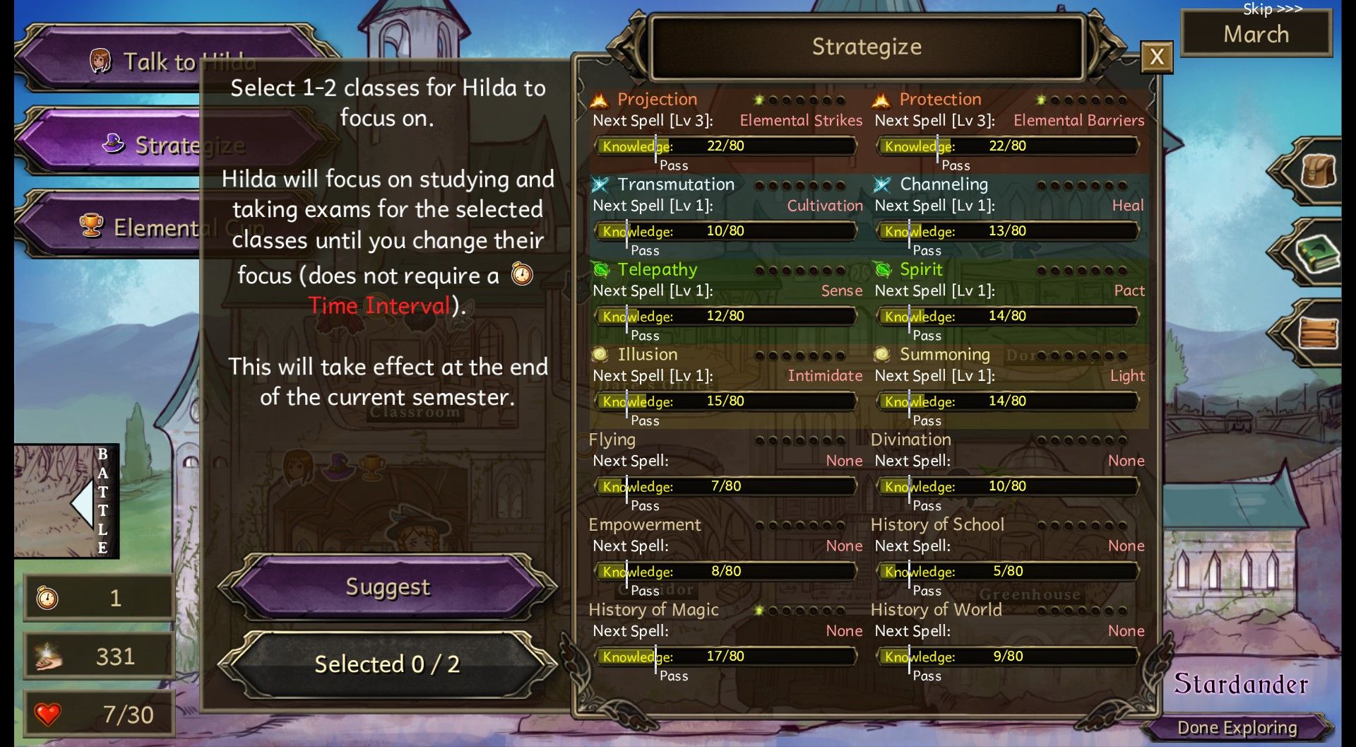 Stardander list of school subjects to strategize focusing on.