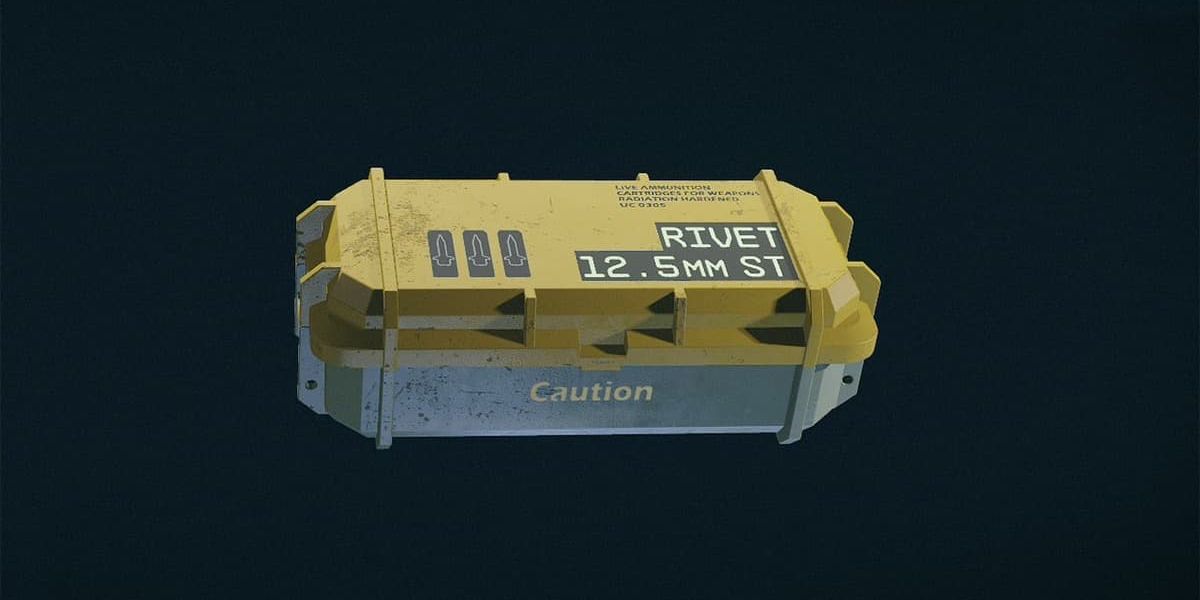 A yellow and gray ammo box from Starfield. The side reads, &ldquo;Caution,&rdquo; while the top says, &ldquo;Rivet 12.5mm ST.&quot;