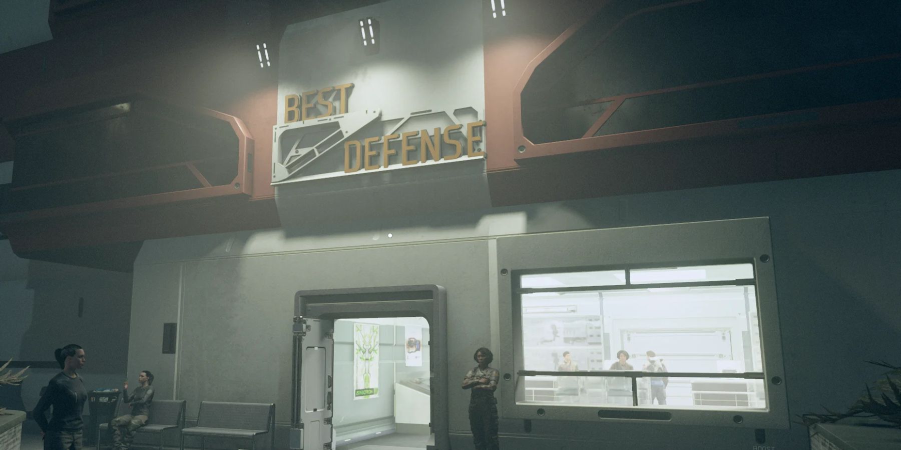 A storefront illuminated by lights at night. The sign above the front door says, &ldquo;Best Defense.&quot;