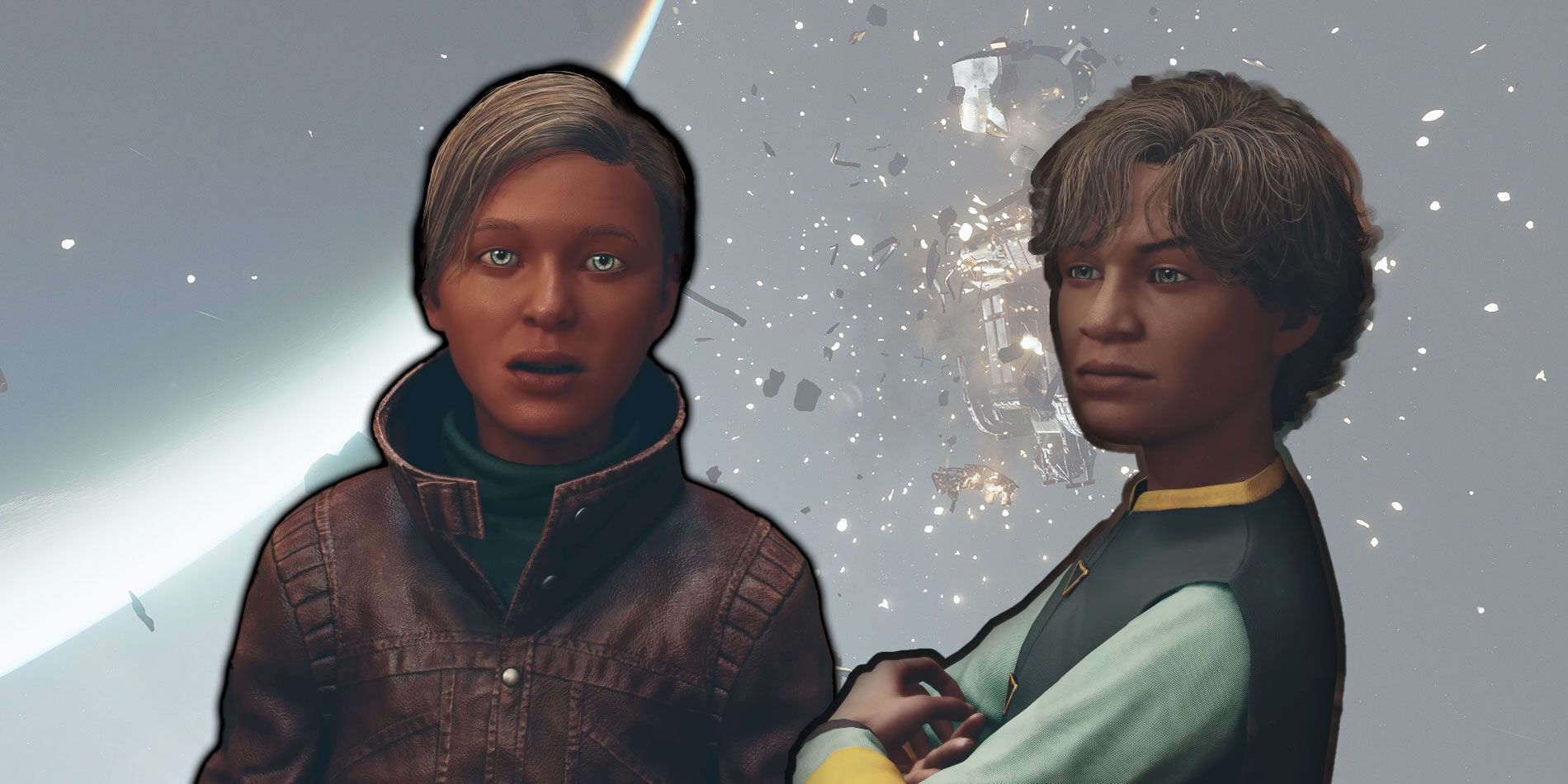 Two children from Starfield with a background of space.