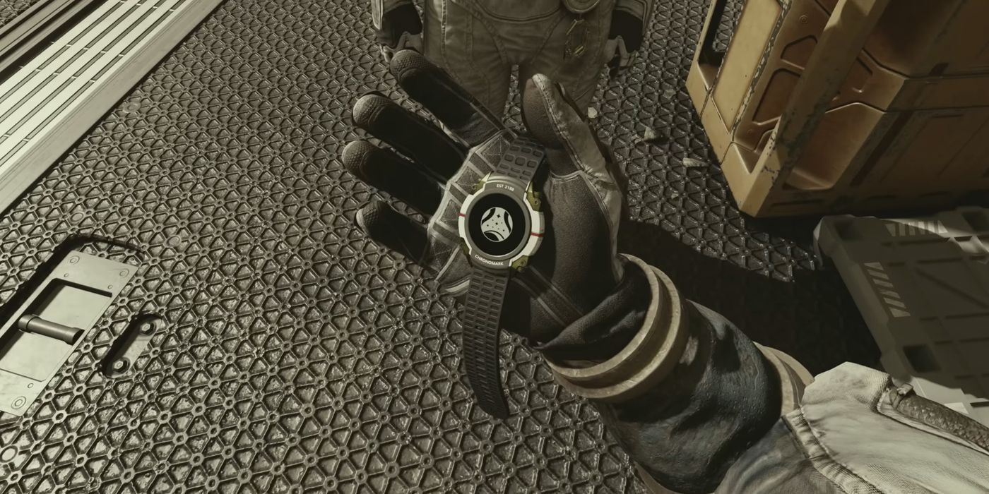 Starfield&rsquo;s Chronomark watch being held by the player character within the game.