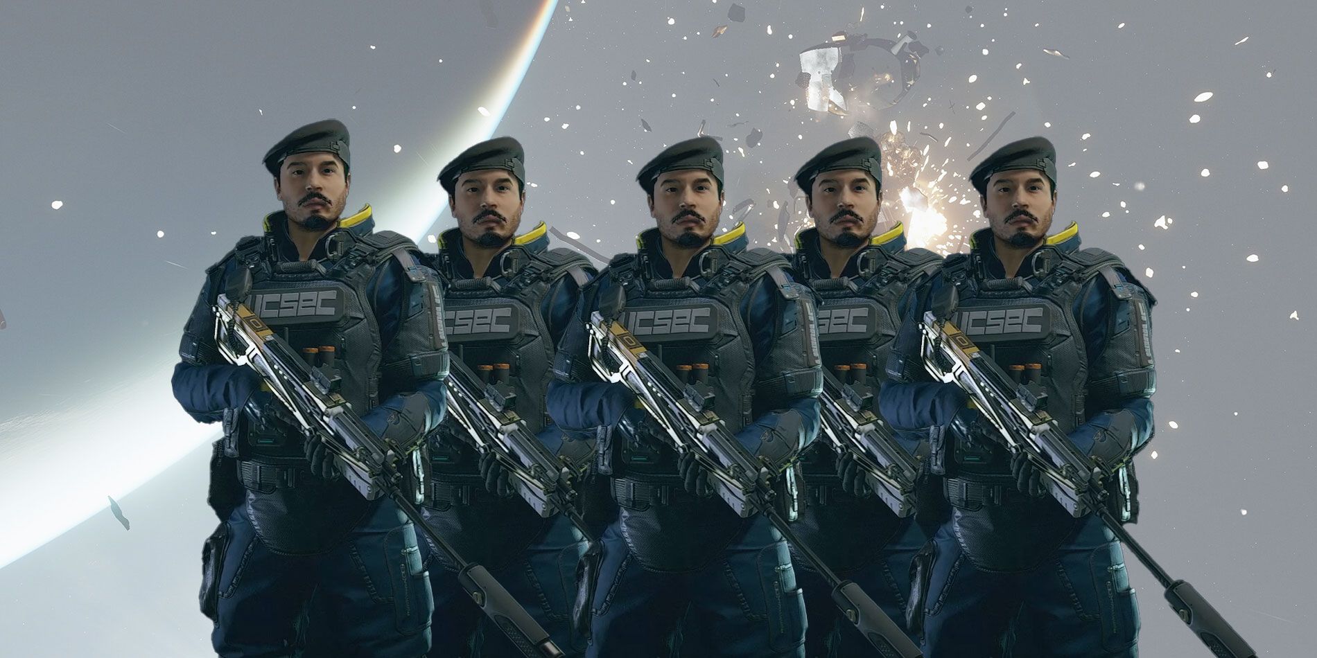 Soldier holding a rifle multiplied with space in the background.