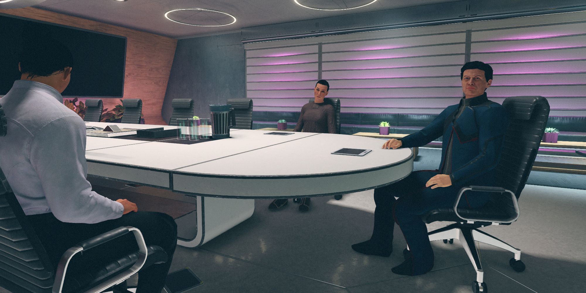The Paradiso boardroom in a screenshot from Starfield, with Oliver Campbell and two other executives sitting in futuristic desk chairs at a rounded conference table.