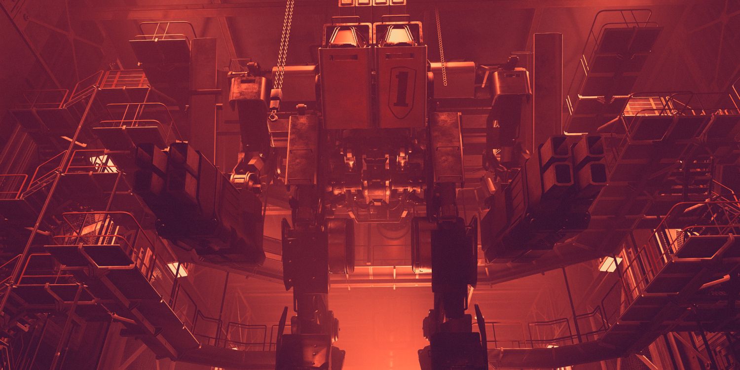 An abandoned mech in a red-lit hangar in a screenshot from Starfield.