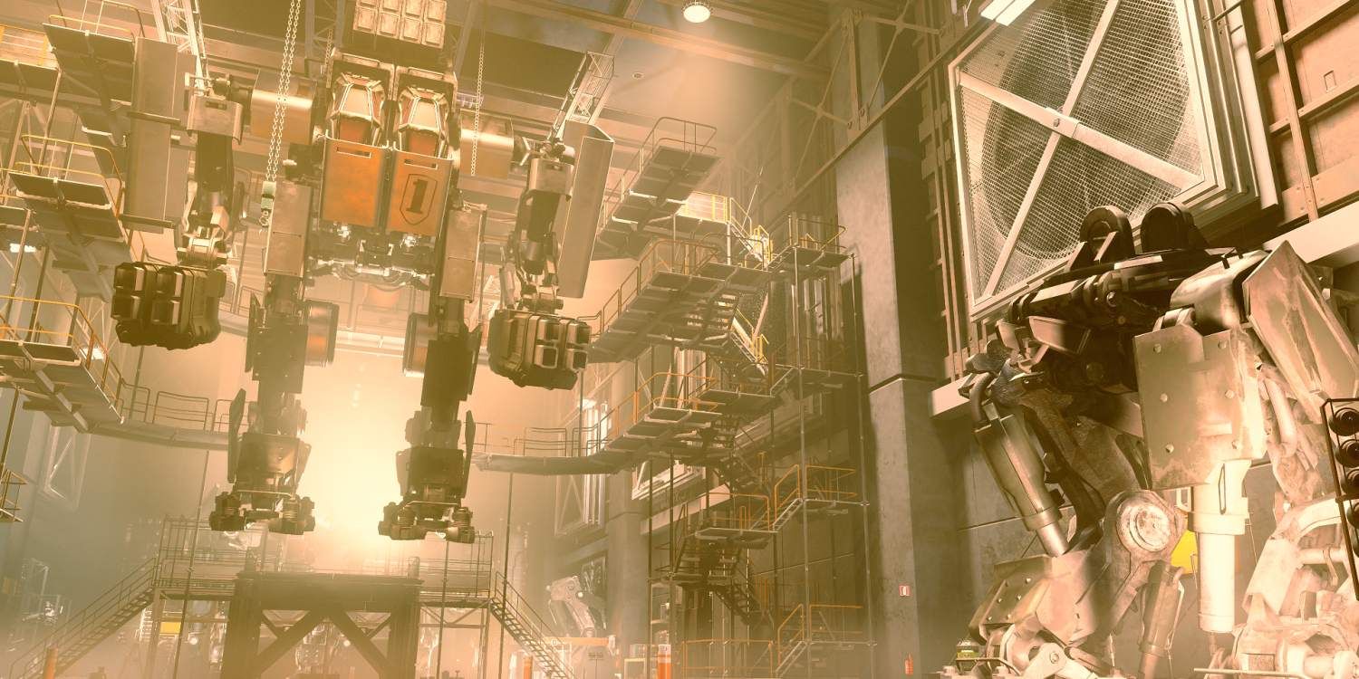 Two mechs in an abandoned hangar in a screenshot from Starfield. One of them is hung from the ceiling as if it was abandoned in the middle of construction.