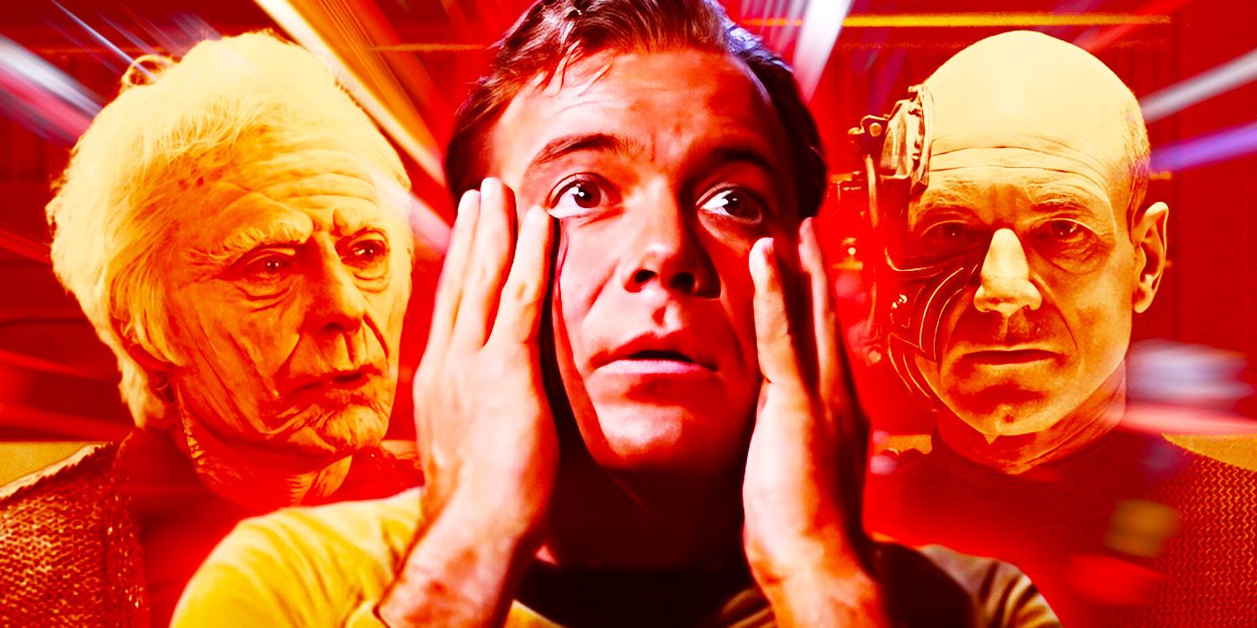 Kirk looks distraught, with an aged Dr. McCoy and Locutus of Borg standing alongside him