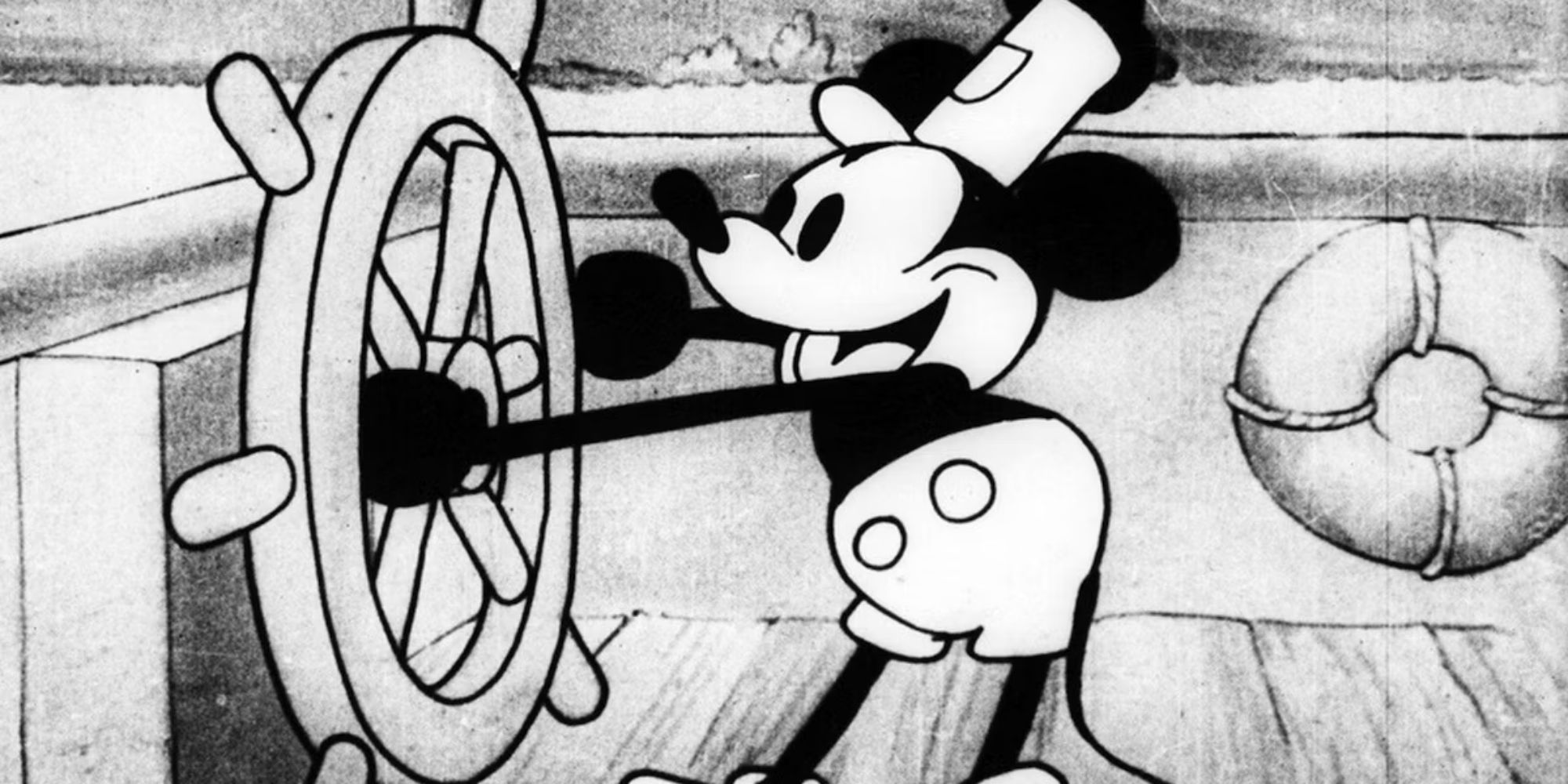 Steamboat Willie at the wheel of a steamboat