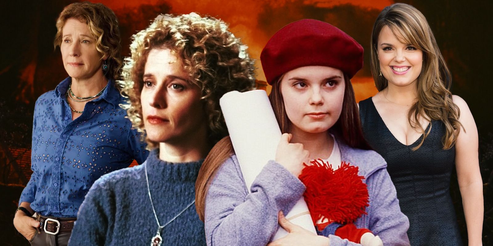 This collage shows actors Kimberley J. Brown and Nancy Travis in the movie Rose Red and now.