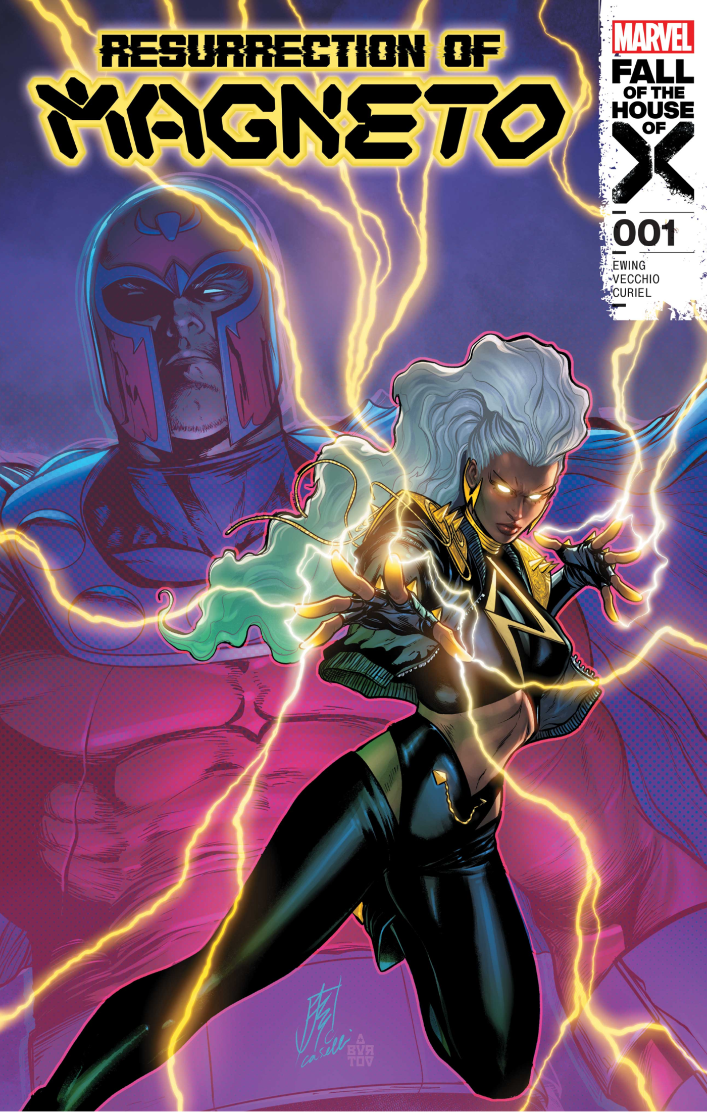Resurrection of Magneto #1 cover featuring Storm in the foreground with a spectral Magneto looming in the background
