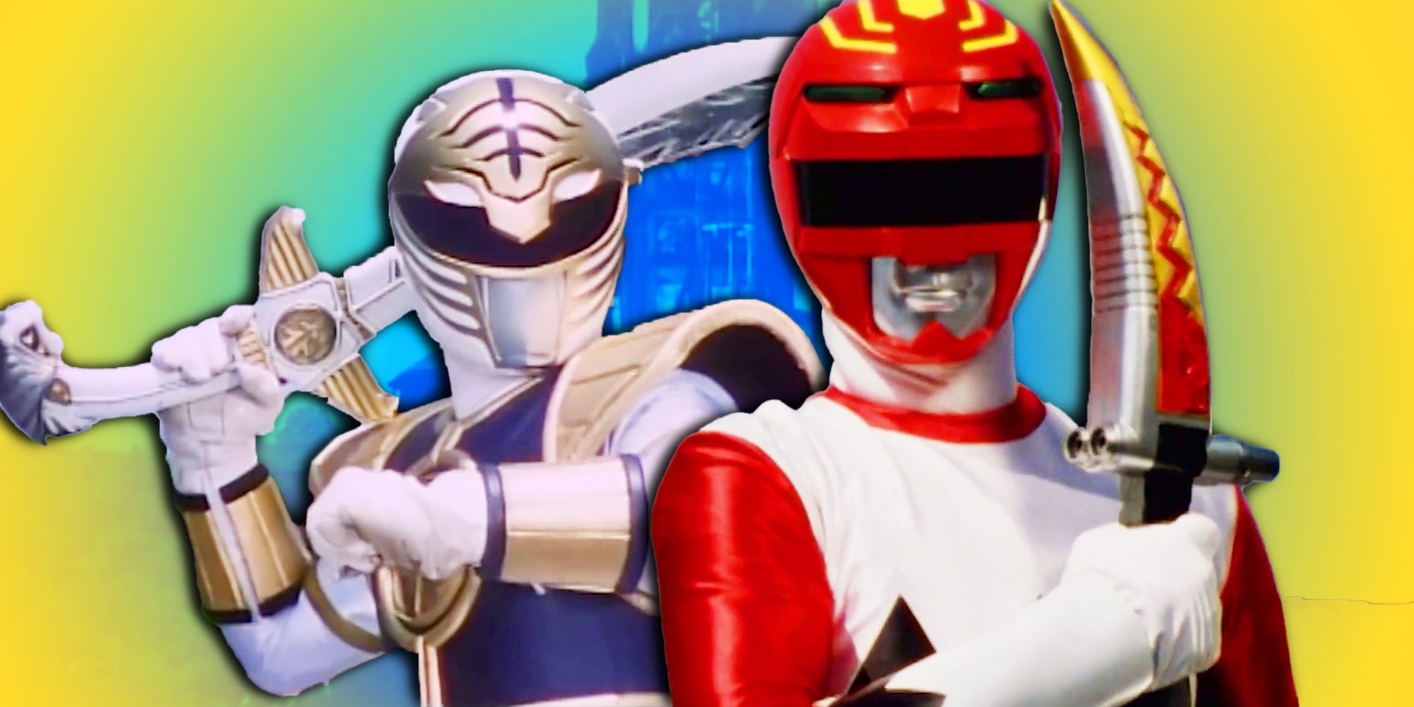 Mighty Morphin Ranger Branco Tommy Oliver empunhando Saba e Power Rangers Lost Galaxy's Ranger Vermelho Leo