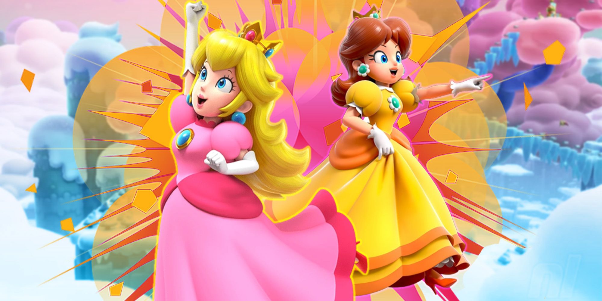 Peach and Daisy from Super Mario Bros. Wonder in front of Fluff-Puff Peaks.