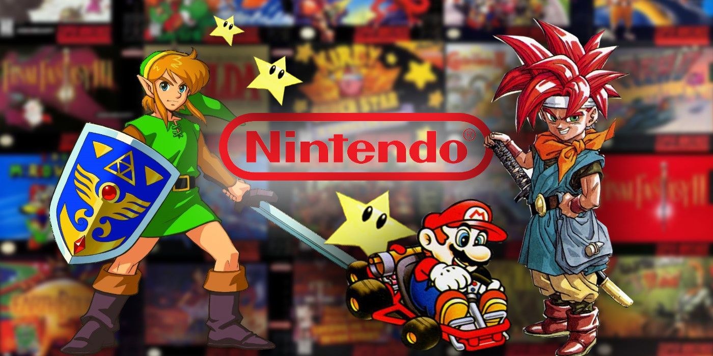 Link from Zelda: A Link to the Past, Mario driving a cart, and Crono from Chrono Trigger surrounding the Nintendo logo. In the background is a blurred collage of Super Nintendo game covers.