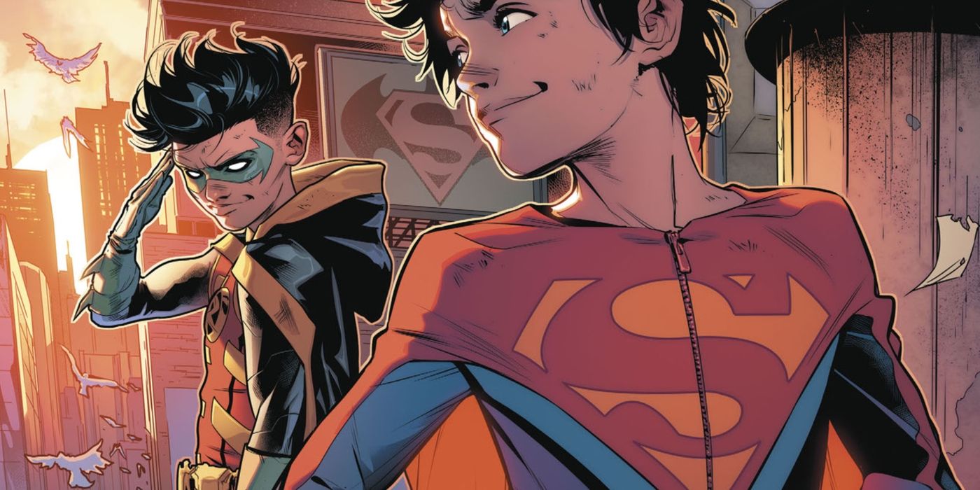 Arte de quadrinhos: Superboy Jon Kent relembra Robin Damian Wayne saudando /