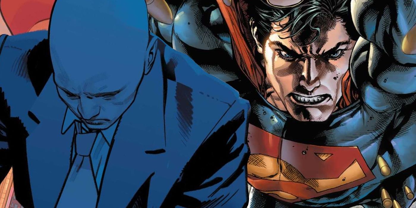 Featured Image: shadowy image of Lex Luthor (left); Superman looking angry (right)