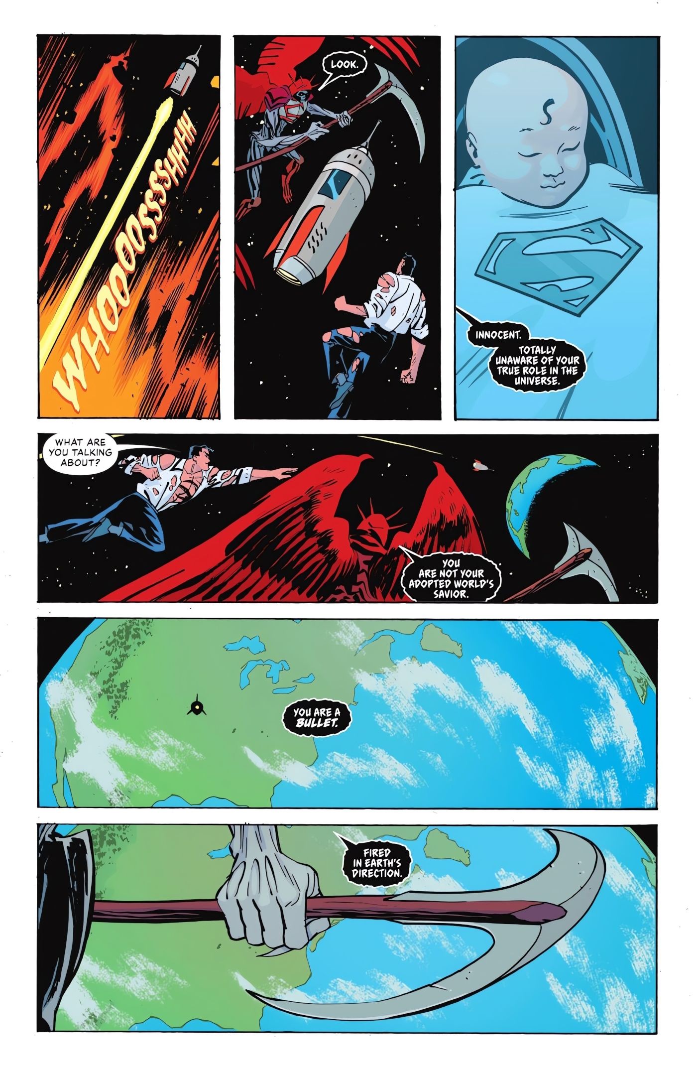 Action Comics #2, Superman has a nightmare sequence about being “a bullet fired in Earth’s direction”