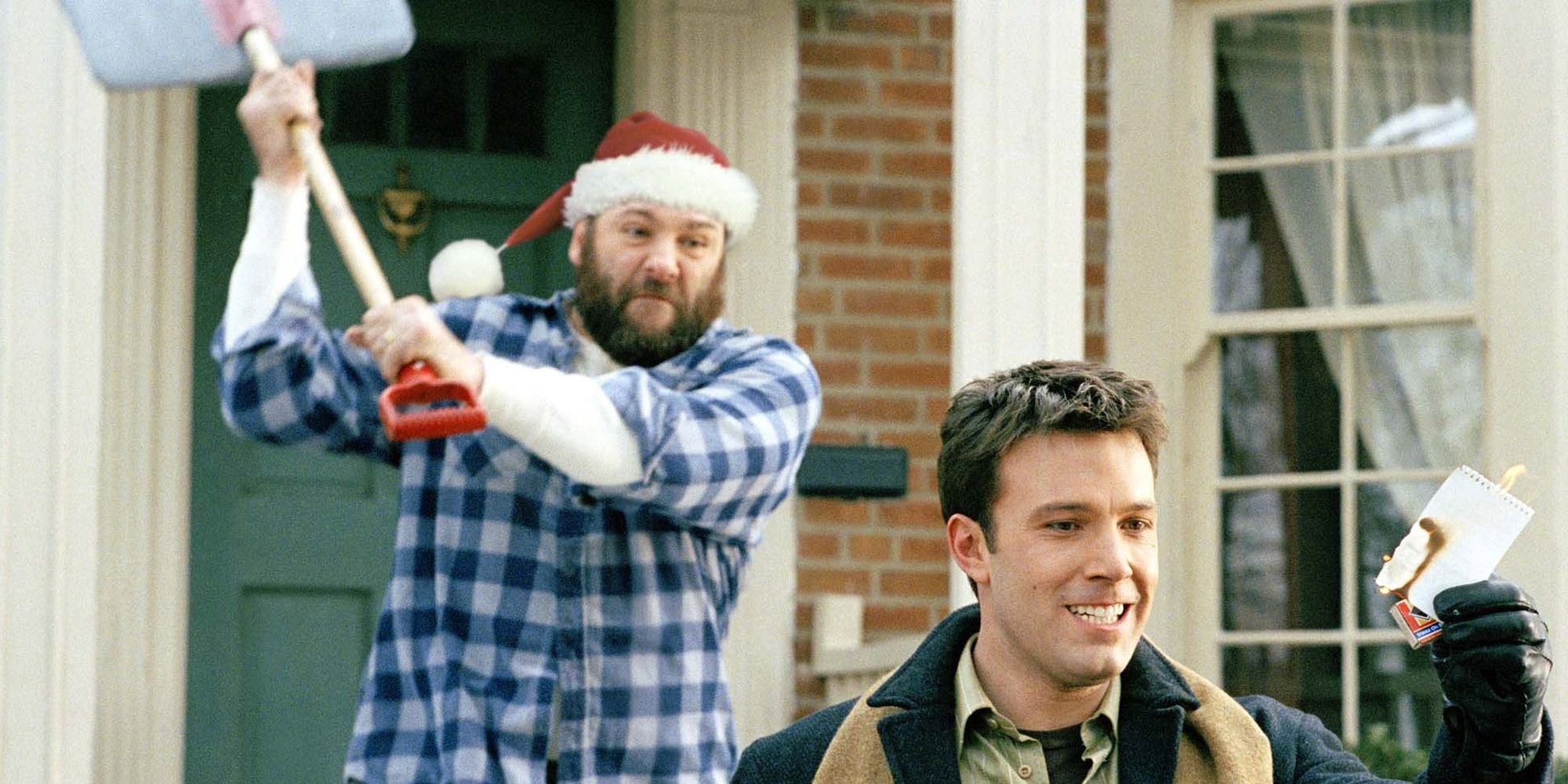 James Gandolfini about to hit Ben Affleck with a shovel in Surviving Christmas