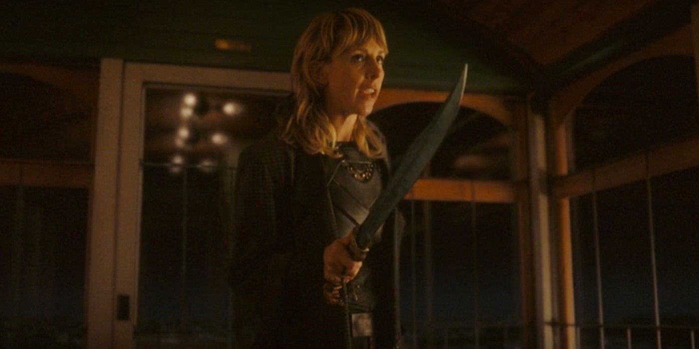 Sylvie threatens Victor Timely with a sword in Loki season 2