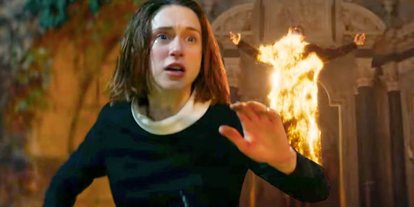 Custom image of Taissa Farmiga looking worried in The Nun 2 juxtaposed with a priest on fire.