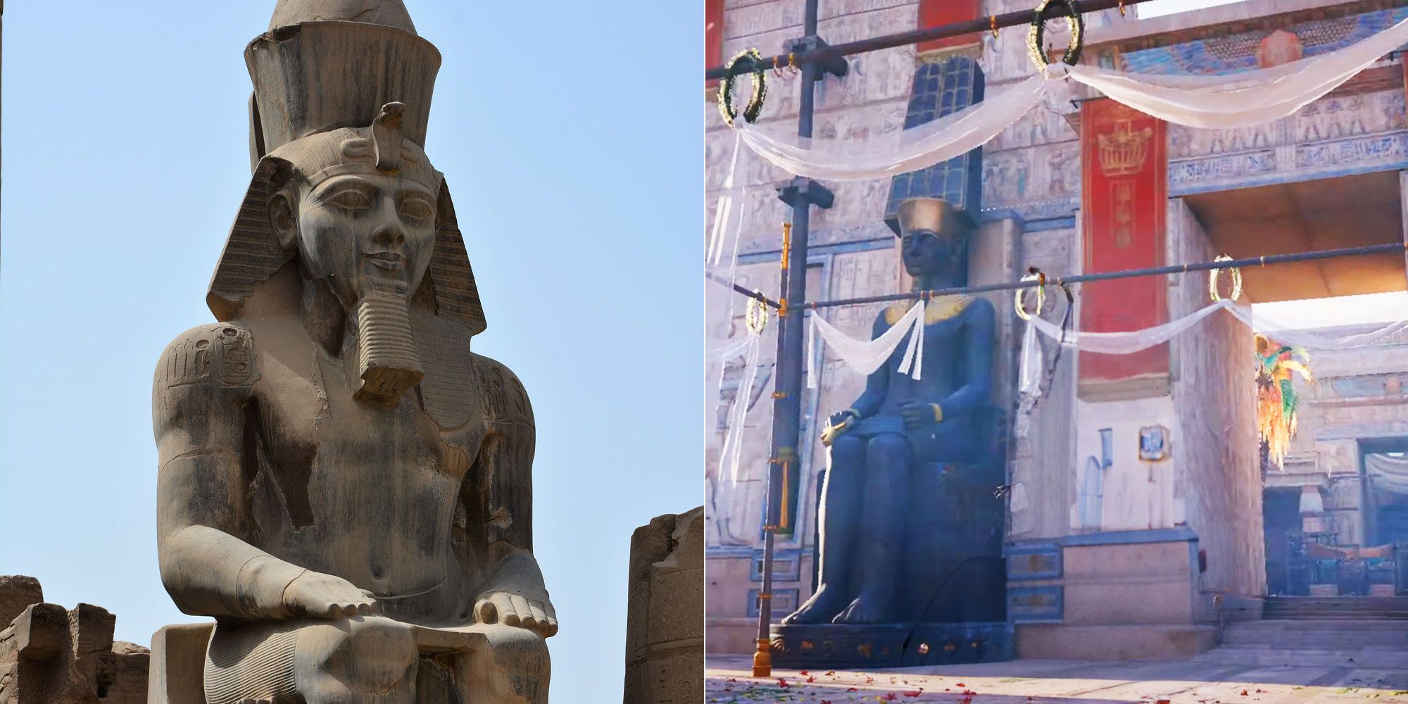Temple of Karnak in Egypt Assassin's Creed vs real photo. 