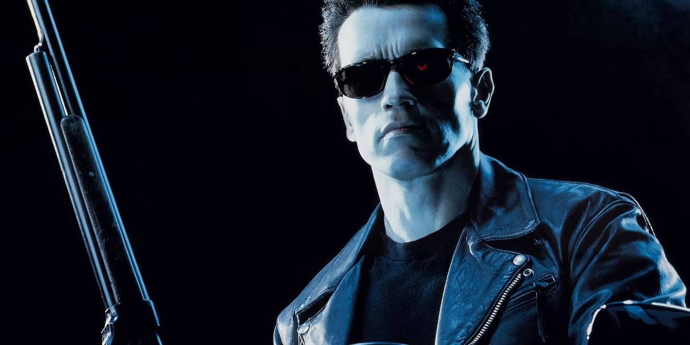 Arnold Schwarzenegger holding a gun in Terminator 2 Judgment Day