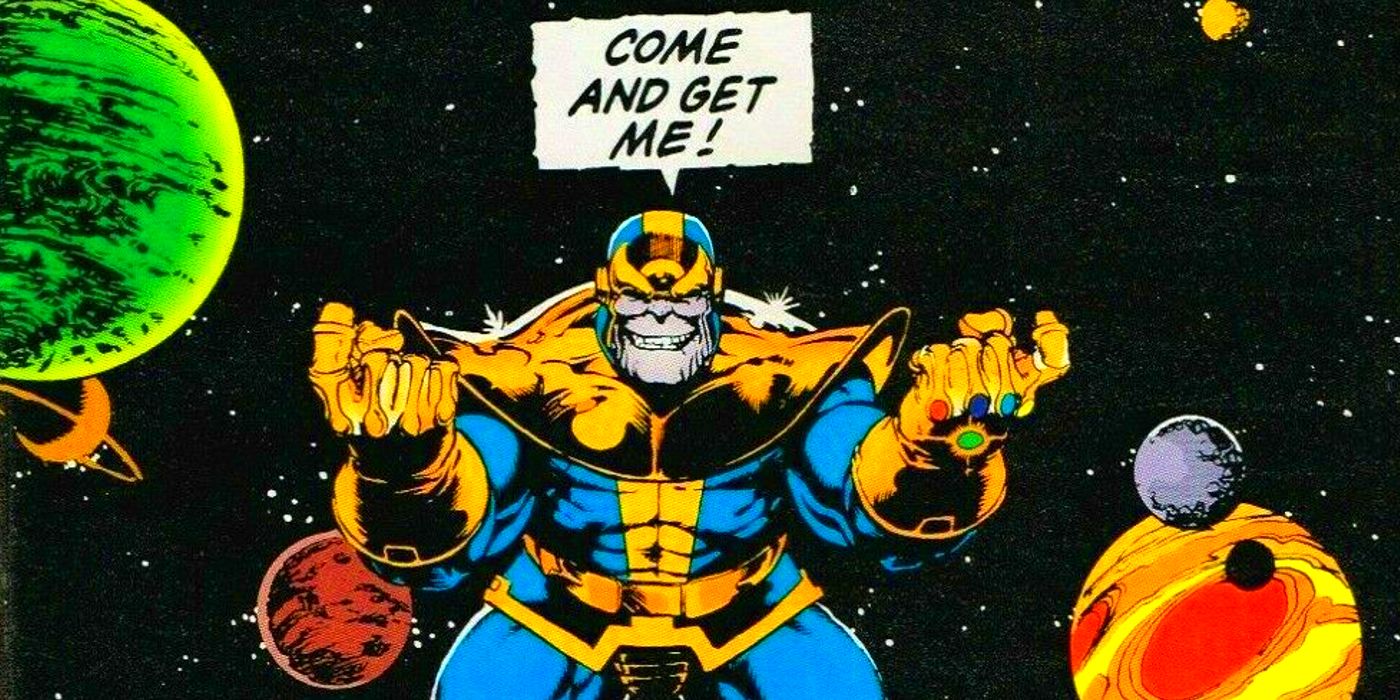 Thanos flutuando no espaço dizendo Venha e me pegue na capa de The Infinity Gauntlet