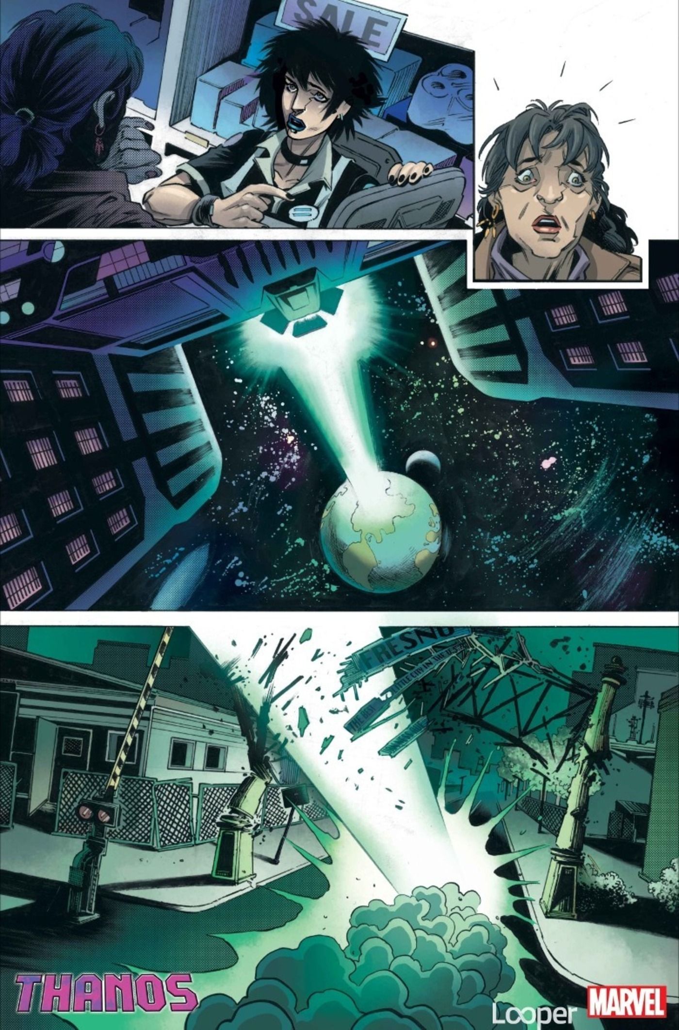 Preview page for Thanos #1, massive ship blasts Earth with destructive laser beam