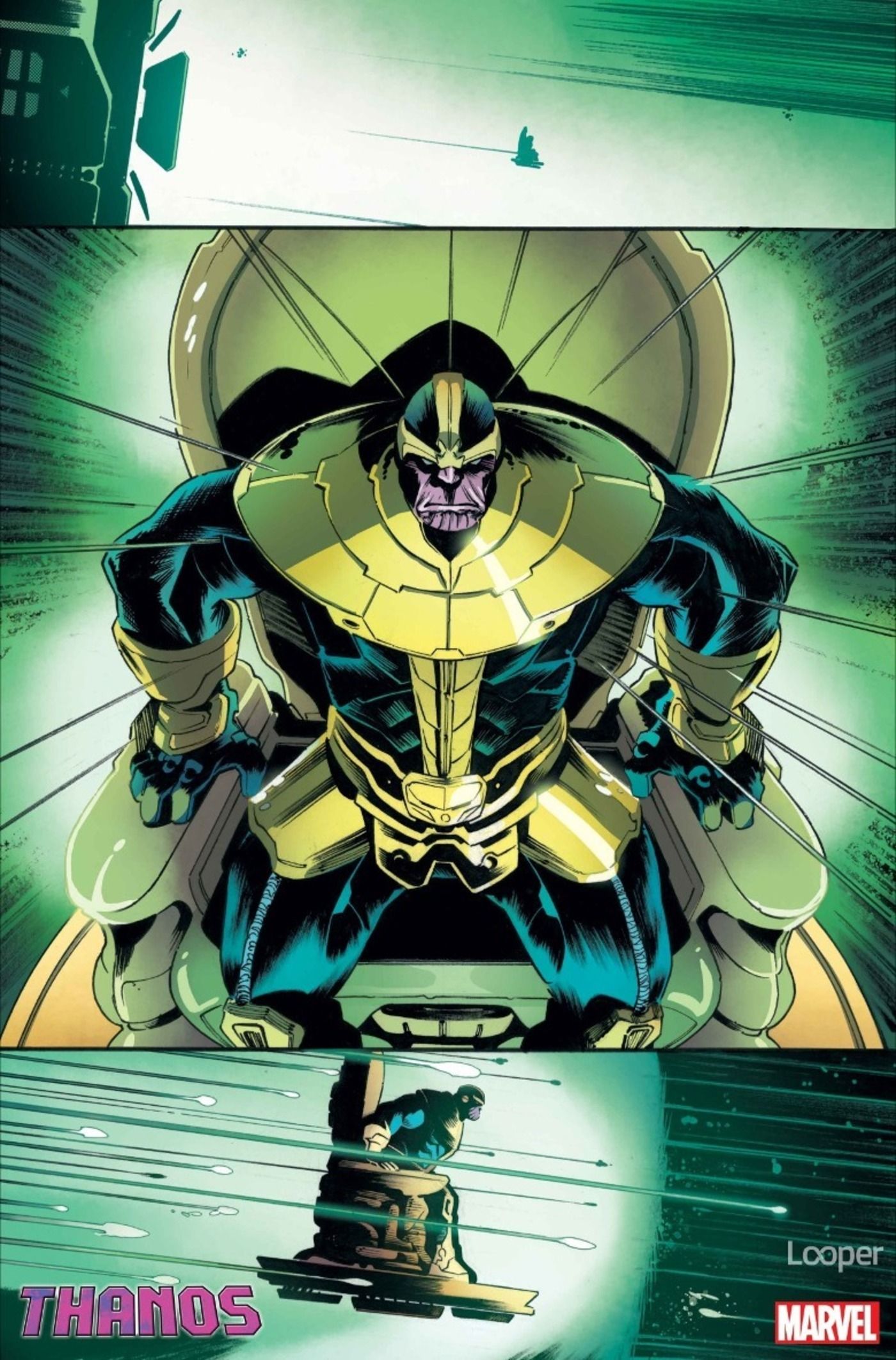 Preview for Thanos #1, Thanos is blasted toward Earth in his weaponized throne chair