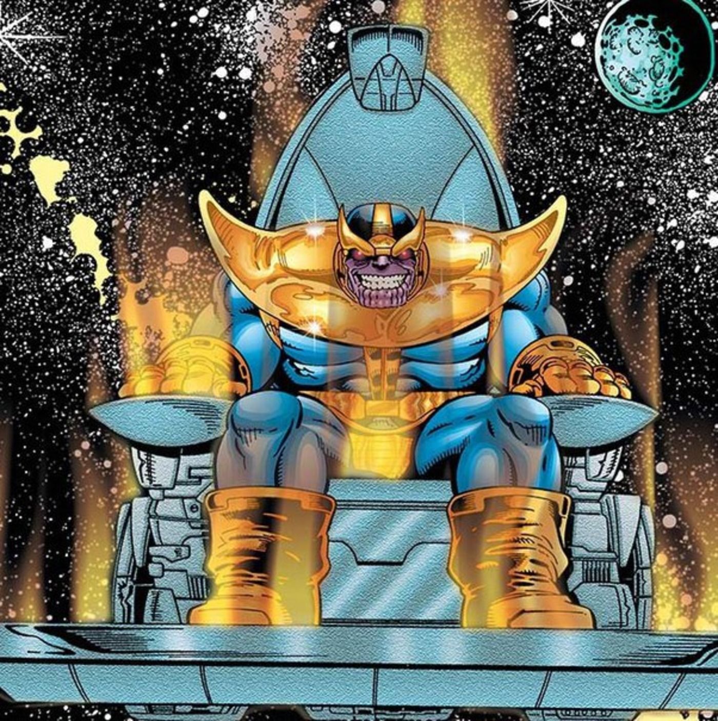 Thanos sitting on his weaponized throne, classic Marvel comic