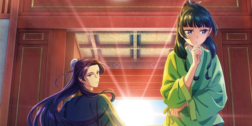 The Apothecary Diaries poster image showing Maomao and Jinshi in front of the palace, with the sun shining through