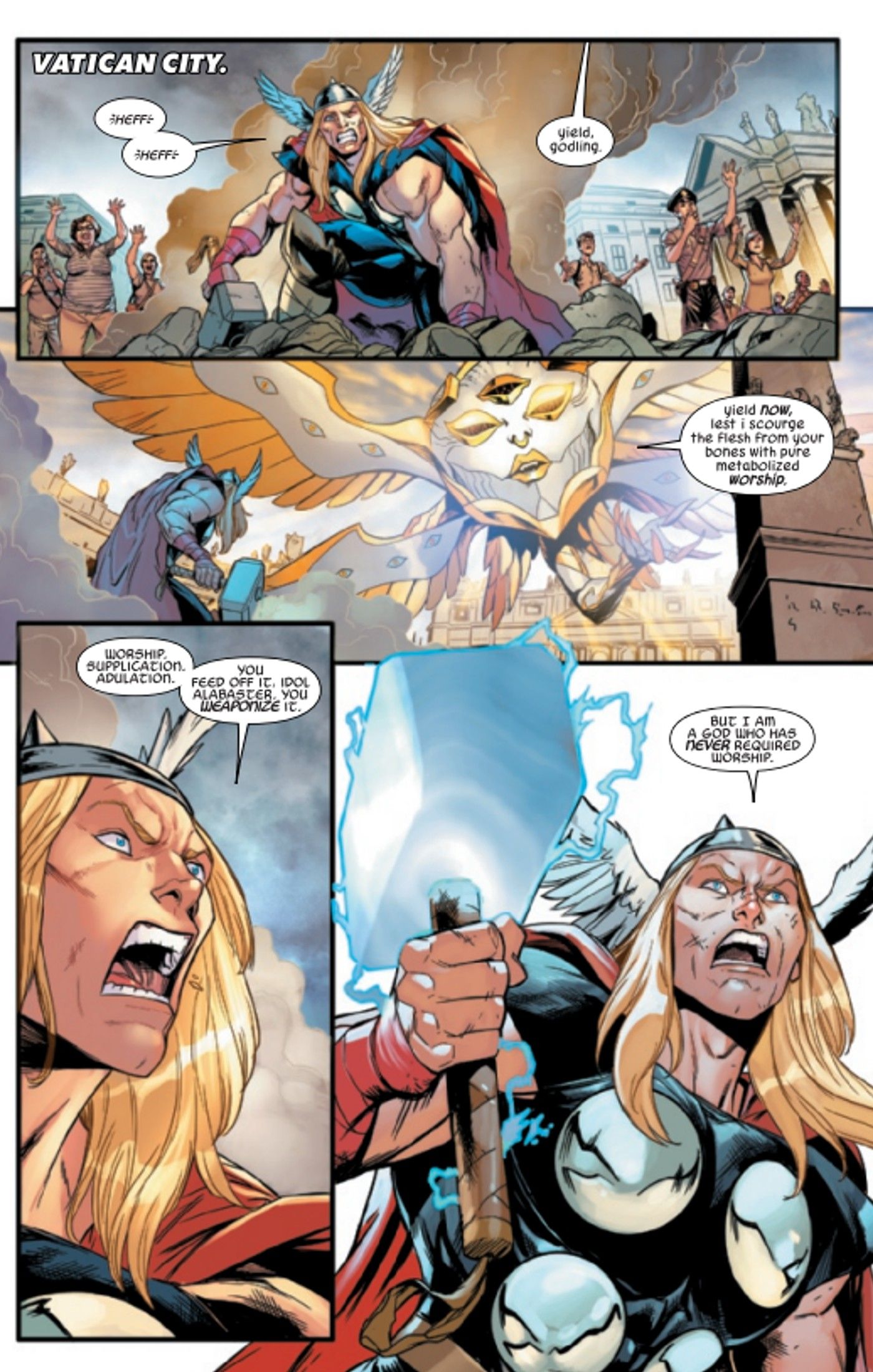 Avengers #6, Thor protecting Vatican City, declares that he doesn&rsquo;t need prayers