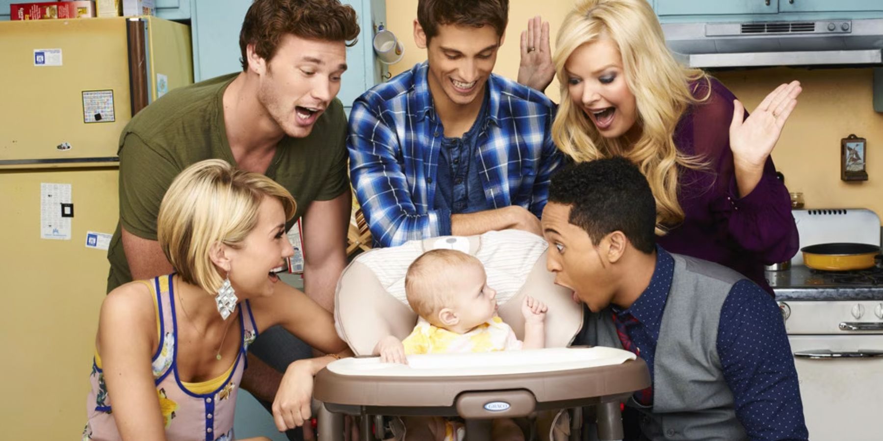 The Baby Daddy cast surrounding a high chair in a promotional image for the show