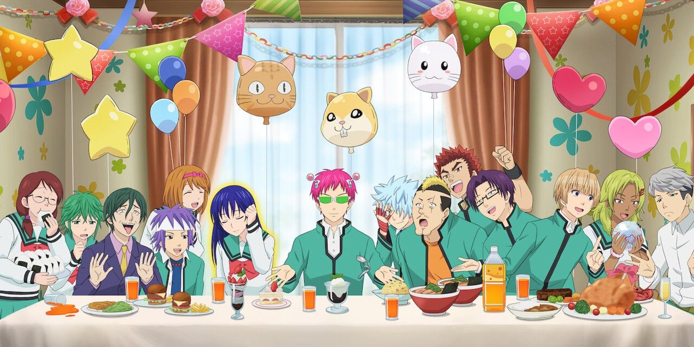 O elenco de Saiki sentado em uma longa mesa de jantar coberta de doces, aparentemente com o tema A Última Ceia.