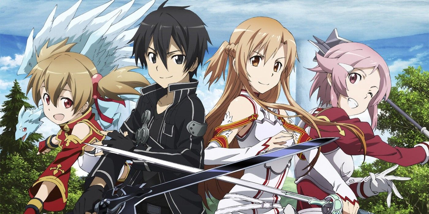 O elenco principal de Sword Art Online sorrindo e posando com armas