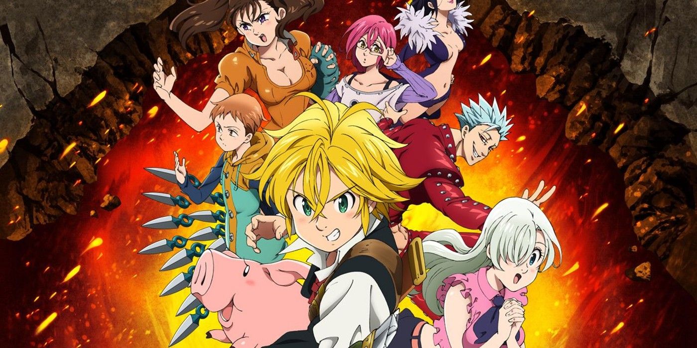 O elenco dos Sete Pecados Capitais com Meliodas, Elizabeth, Hawk e outros membros. 