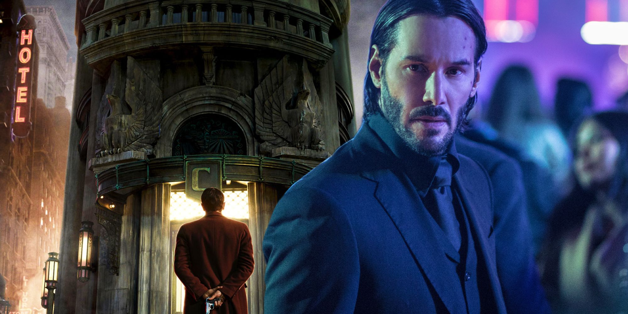 The Continental's poster next to Keanu Reeves as John Wick