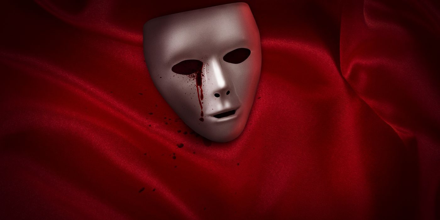 The cover of The Man with My Husband's Face of a silver theater mask with a streak of blood on a red cloth.