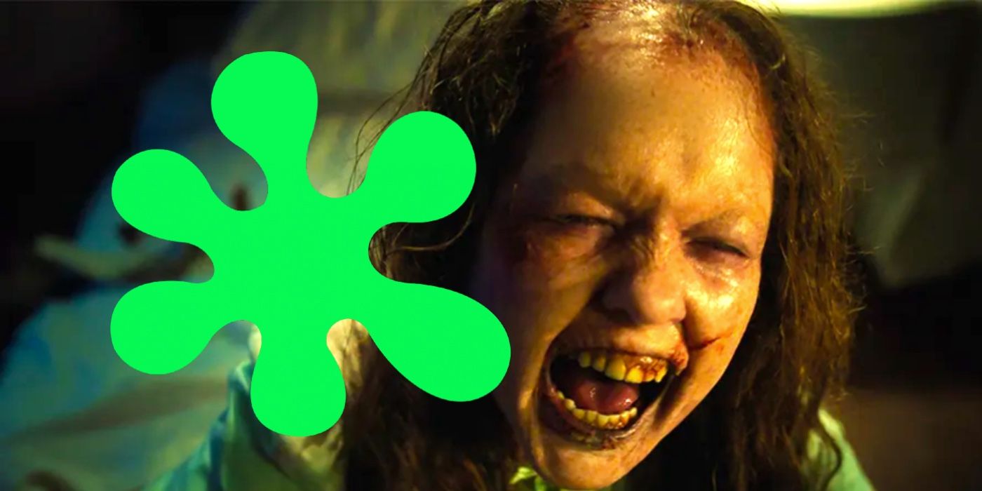 A possessed girl in The Exorcist: Believer next to a Rotten Tomatoes splat
