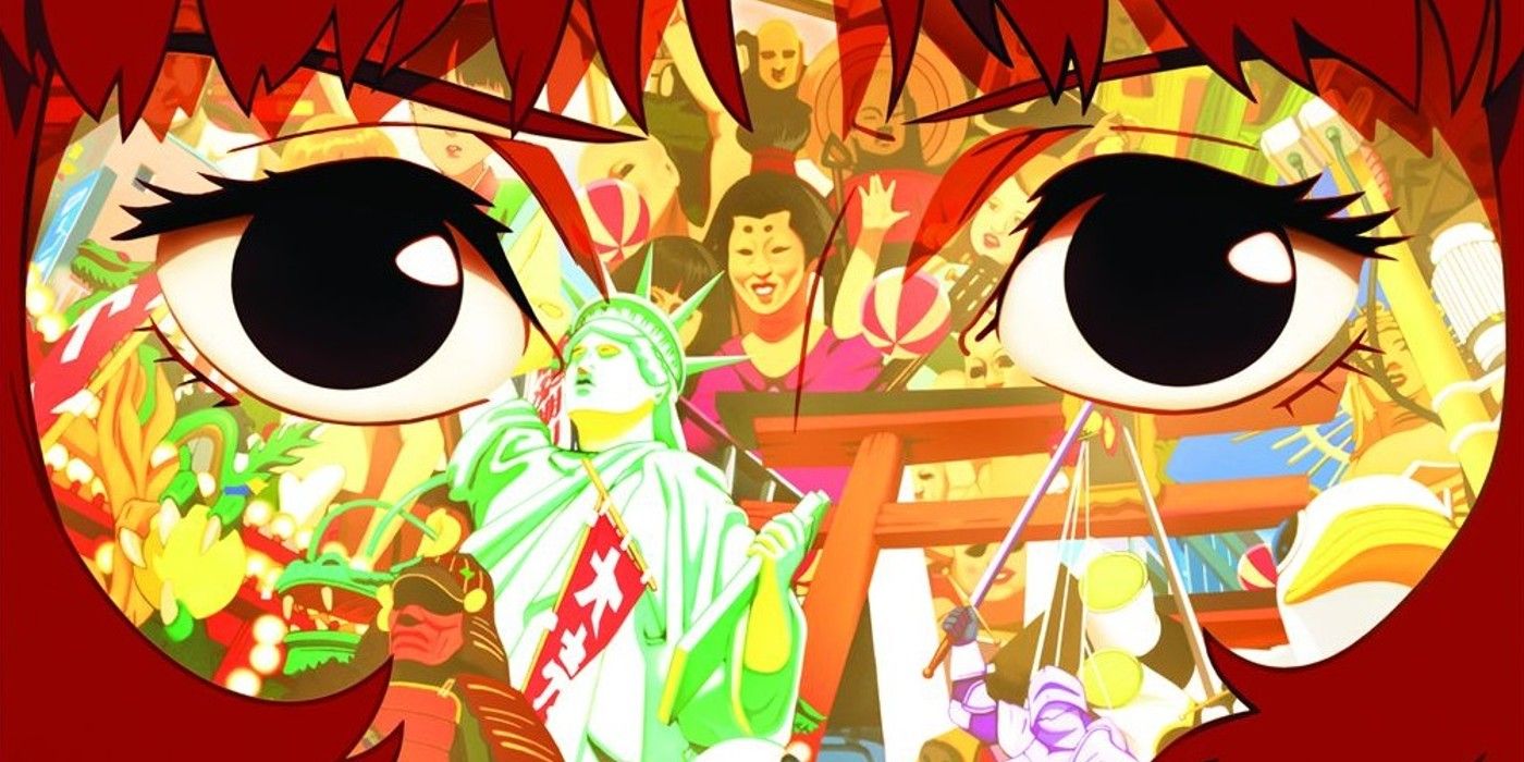 The eyes of Paprika depicting a collage a dreamlike imagery from the official poster for the film.