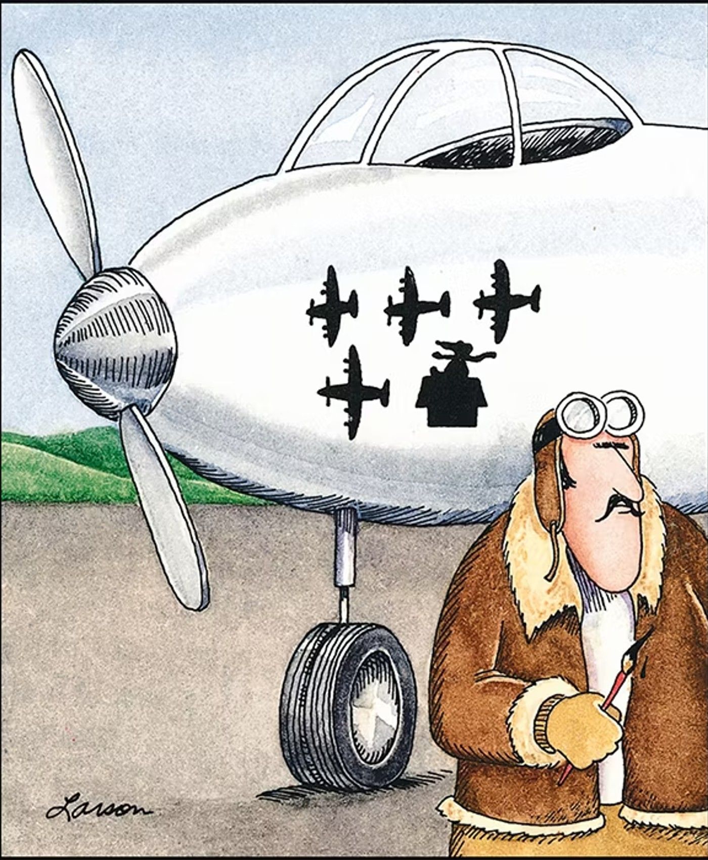 Far Side Peanuts parody: pilot has painted Snoopy&rsquo;s doghouse on the side of his plane, indicating a confirmed kill