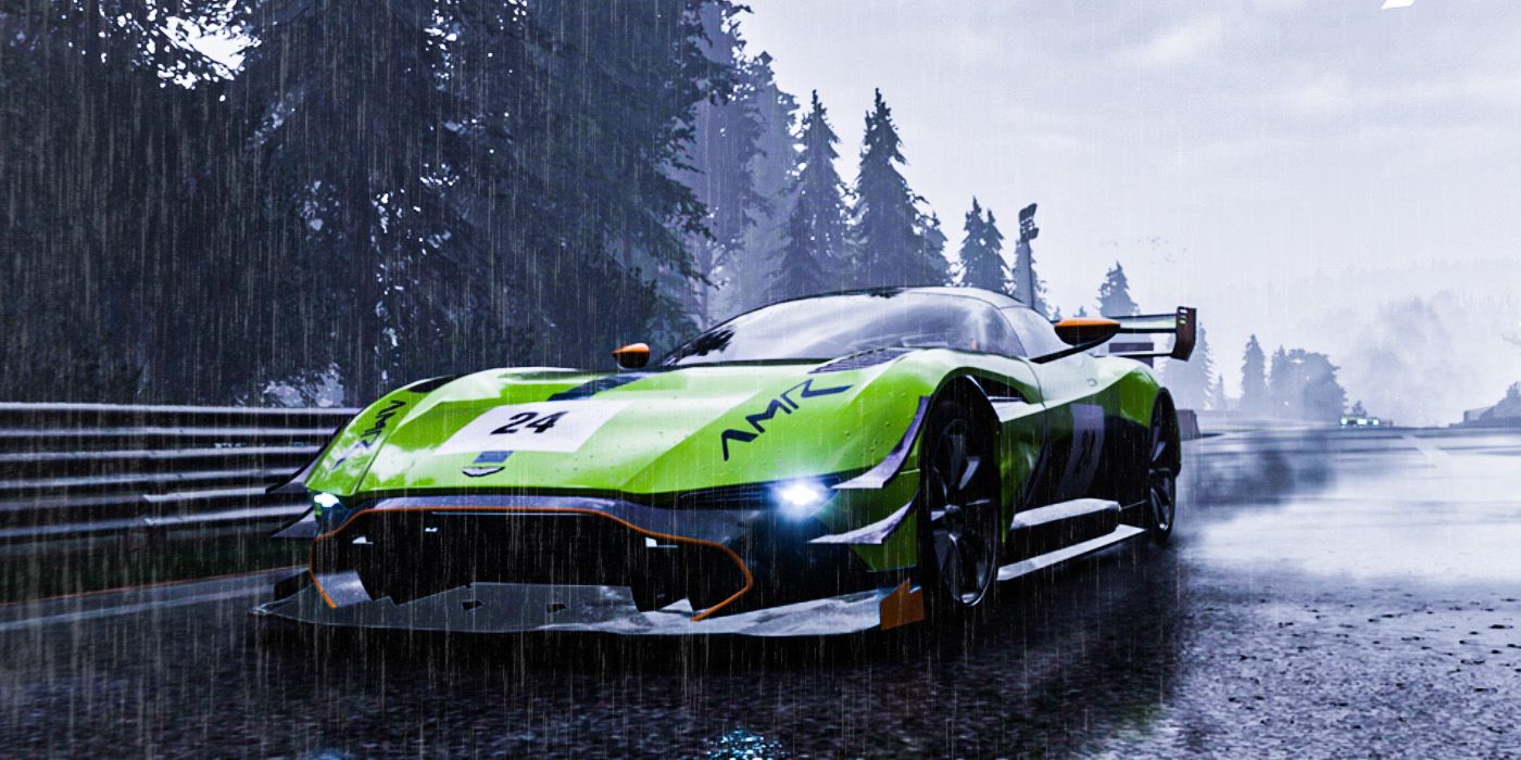 A green sport car racing in the rain in Forza Motorsport 8