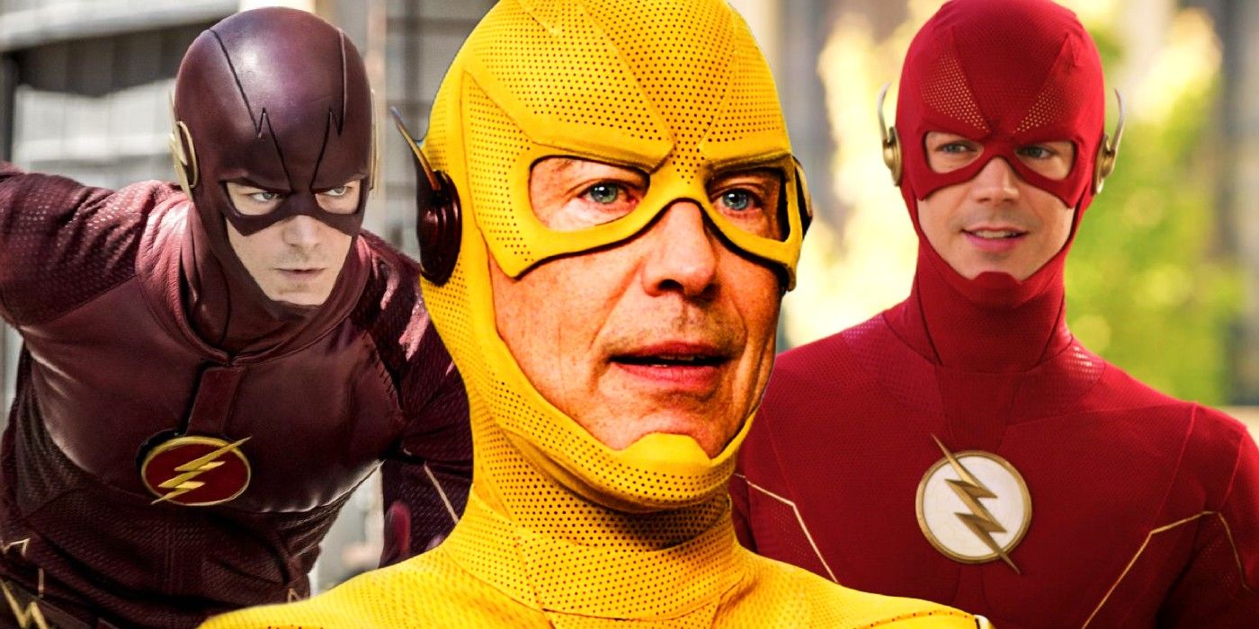 Custom image of the season 1 and season 9 versions of Grant Gustin's The Flash, with Tom Cavanagh's Reverse-Flash in the middle.