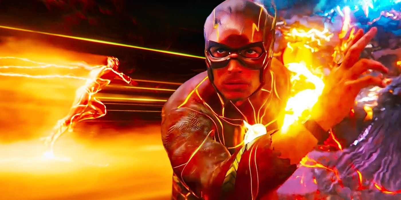 The Flash running, and preparing to run, in the 2023 movie.