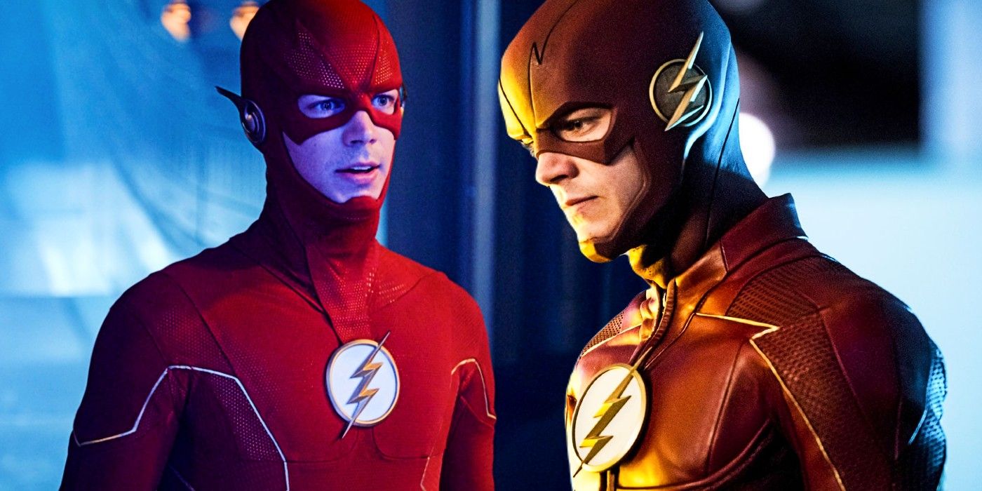 Custom image of Grant Gustin's Barry Allen in The Flash with one of his later suits and one of his earlier suits.