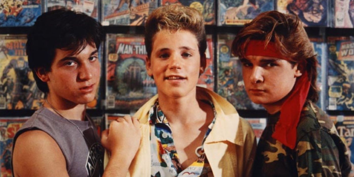 The Frog Brothers (Jamison Newlander and Corey Feldman) and Sam (Corey Haim) in the comic book store in Lost Boys.